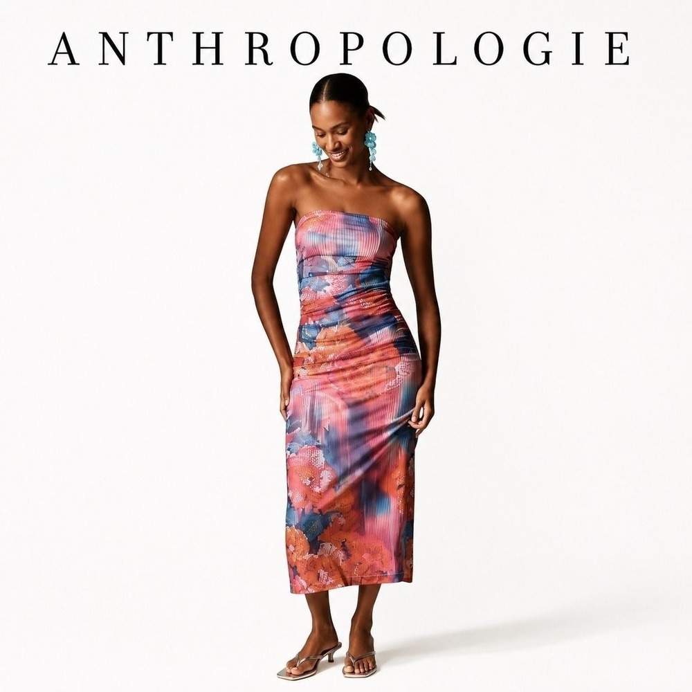 Anthropologie Pink Floral Ruched Mesh Strapless Midi Dress - Picture 1 of 7
